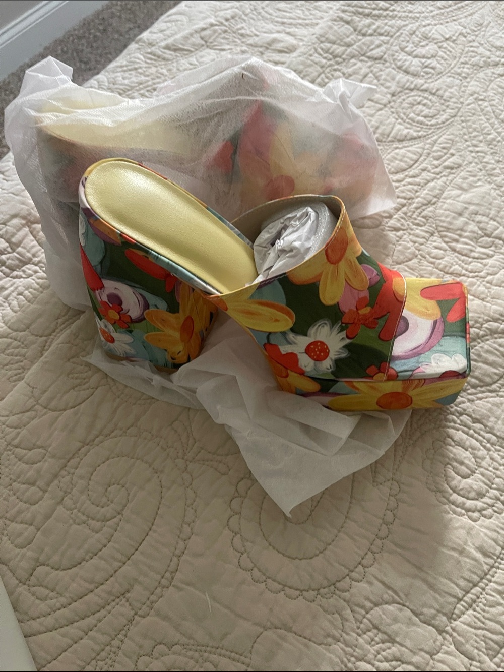 Floral Platform Mule Sandals - Yellow & Multi